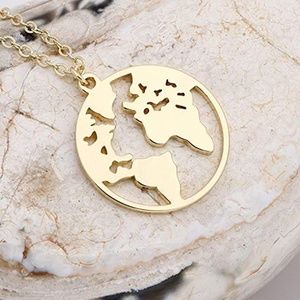 🌱 2/$30 🌎 NEW World Map Gold Cut Out Pendant Necklace Boho Long Present Gift